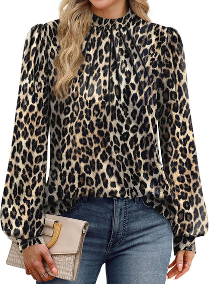 WIHOLL Long Sleeve Shirts for Women Mock Neck Tops Pleated Front Blouses Dressy Casual Fall Clothes 2025 Fashion