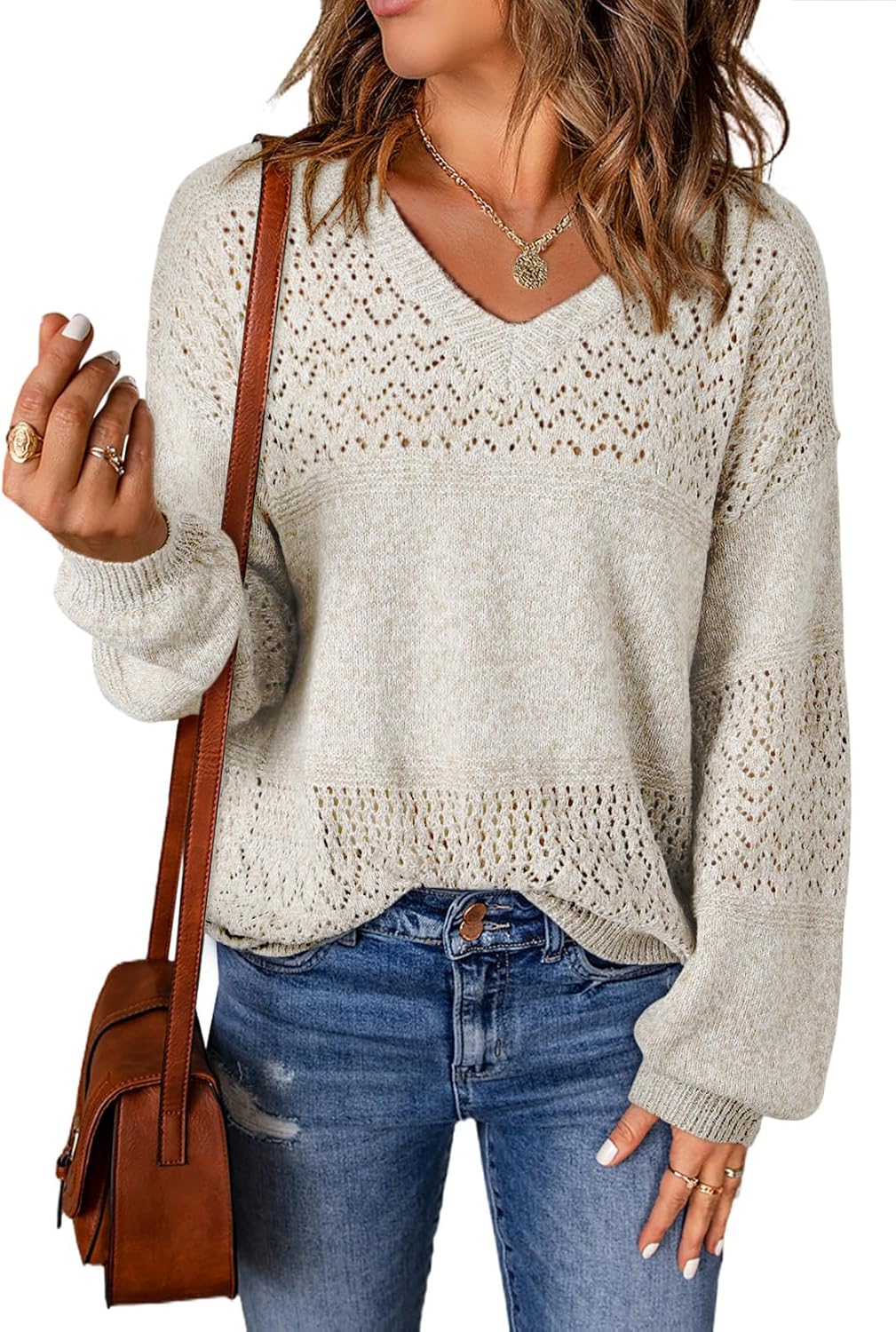 Womens Sweaters Causal Long Sleeve V Neck Lightweight Corchet Pullover Sweater Tops