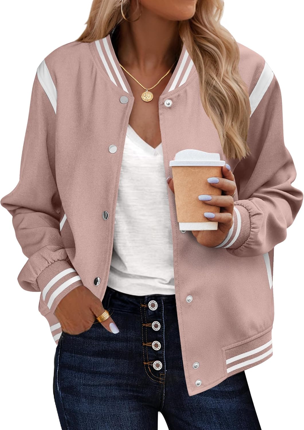 Zeagoo Bomber Jacket Women Varsity Casual Button Down Lightweight 2025 Fall Fashion Short School Outfits with Pockets