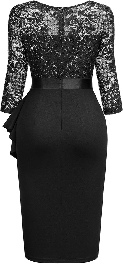 Miusol Women's Retro V Neck Floral Lace Ruffle Style Cocktail Party Dress