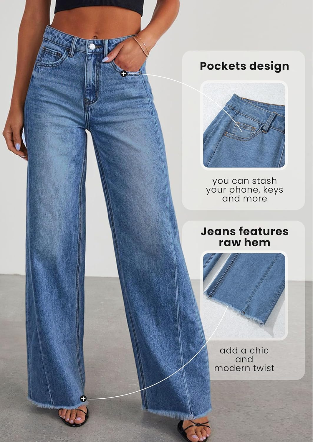 PRETTYGARDEN Wide Leg Jeans for Women Trendy 2025 High Waisted Stretchy Baggy Raw Hem Denim Palazzo Pants with Pockets