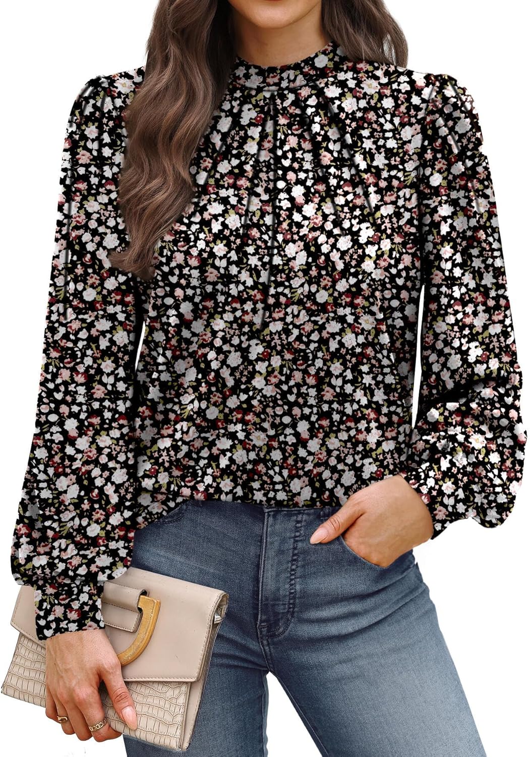 WIHOLL Long Sleeve Shirts for Women Mock Neck Tops Pleated Front Blouses Dressy Casual Fall Clothes 2025 Fashion