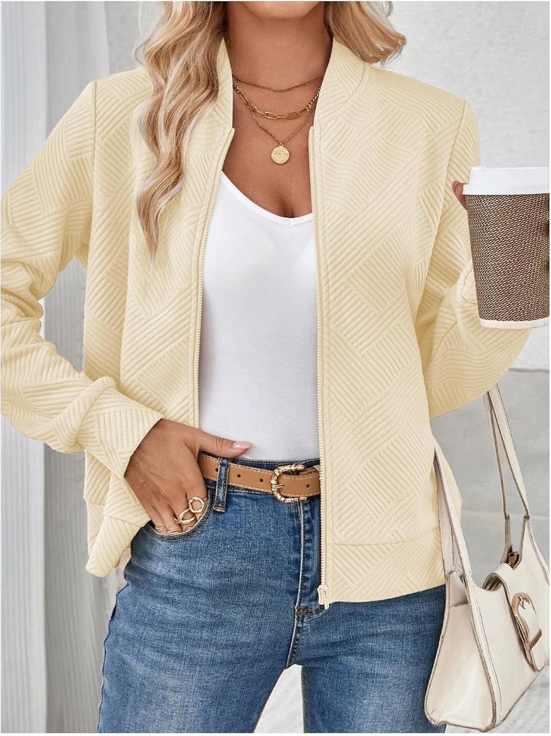 Verdusa Women's Zip Up Textured Lightweight Bomber Jacket Casual Long Sleeve Outerwear