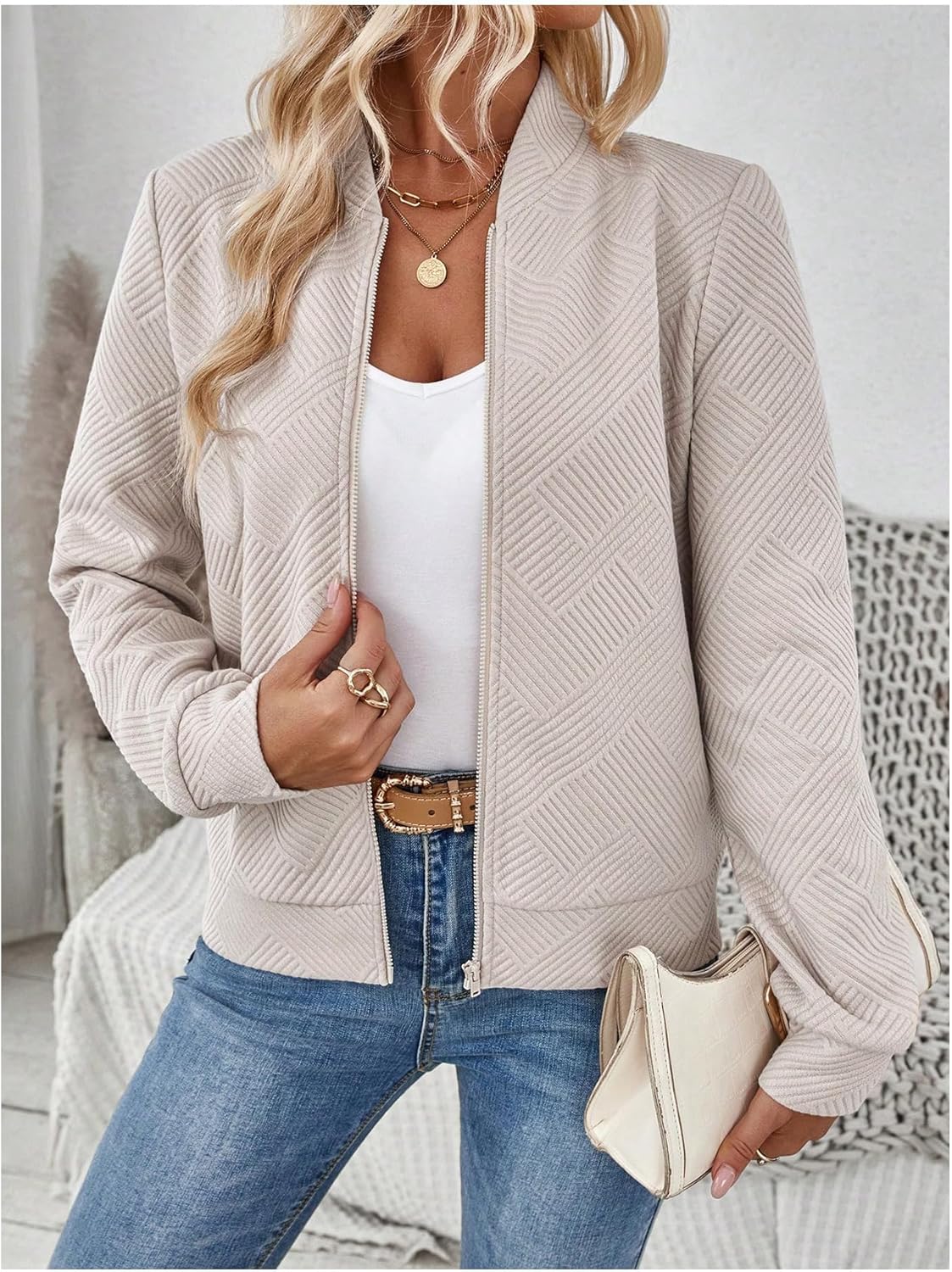 Verdusa Women's Zip Up Textured Lightweight Bomber Jacket Casual Long Sleeve Outerwear