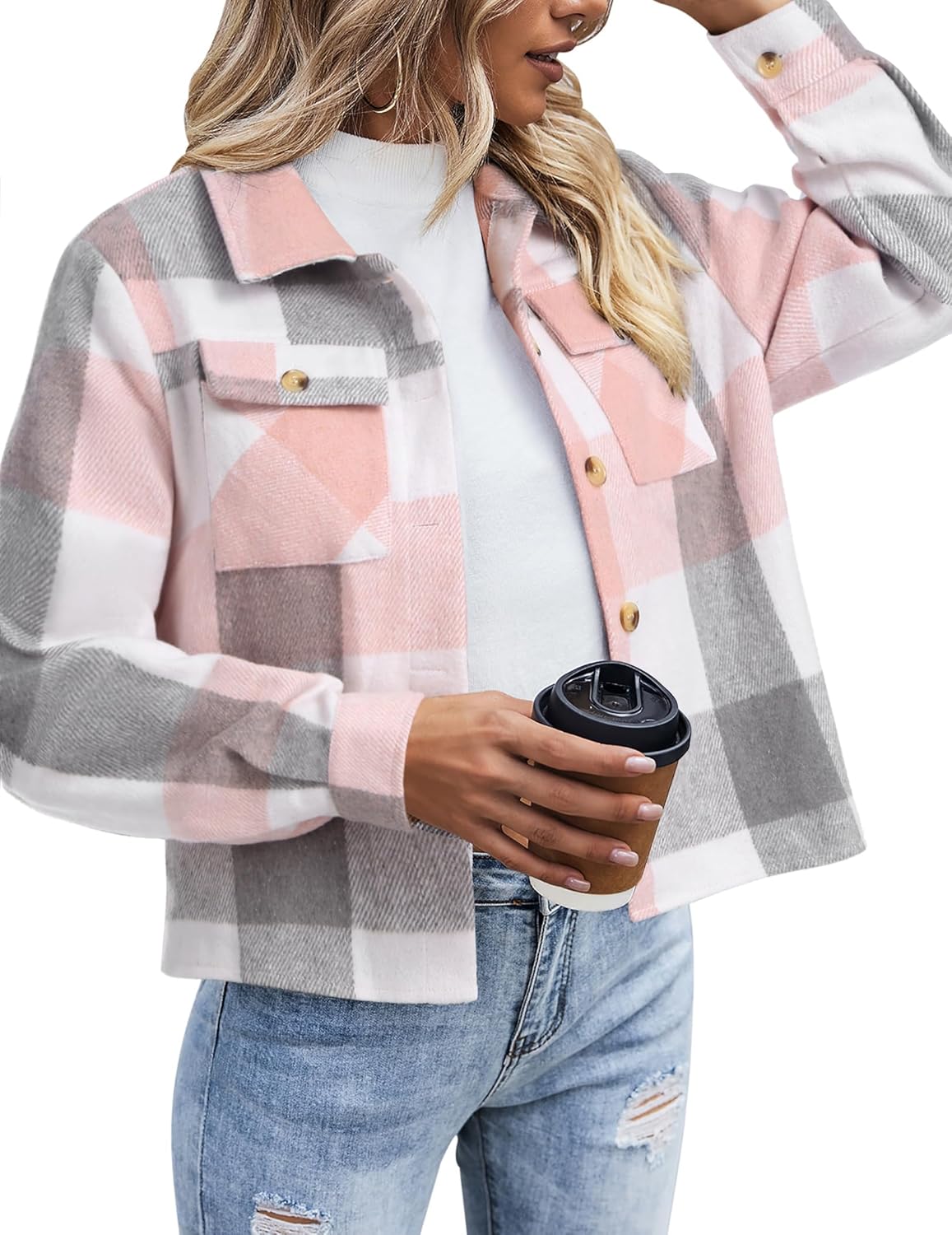ZEAGOO Jackets for Women Cropped Flannel Plaid Shacket 2025 Fashion Button Down Shirt Coats Tops