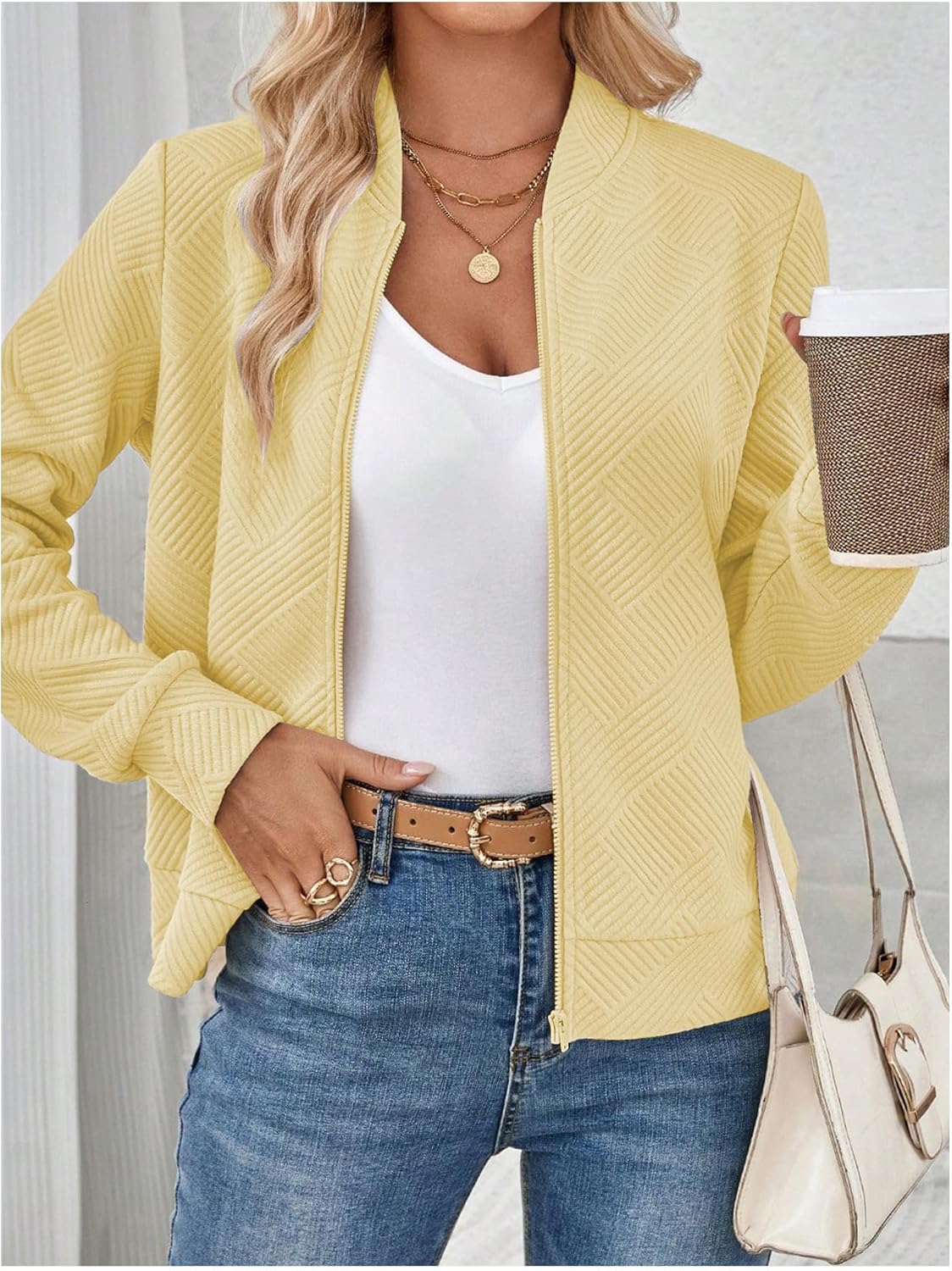 Verdusa Women's Zip Up Textured Lightweight Bomber Jacket Casual Long Sleeve Outerwear
