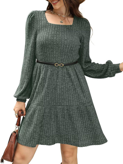 SAMPEEL Fall Dresses for Women 2025 Clothing Trendy Square Neck Long Sleeve A Line Sweater Dress with Pocket
