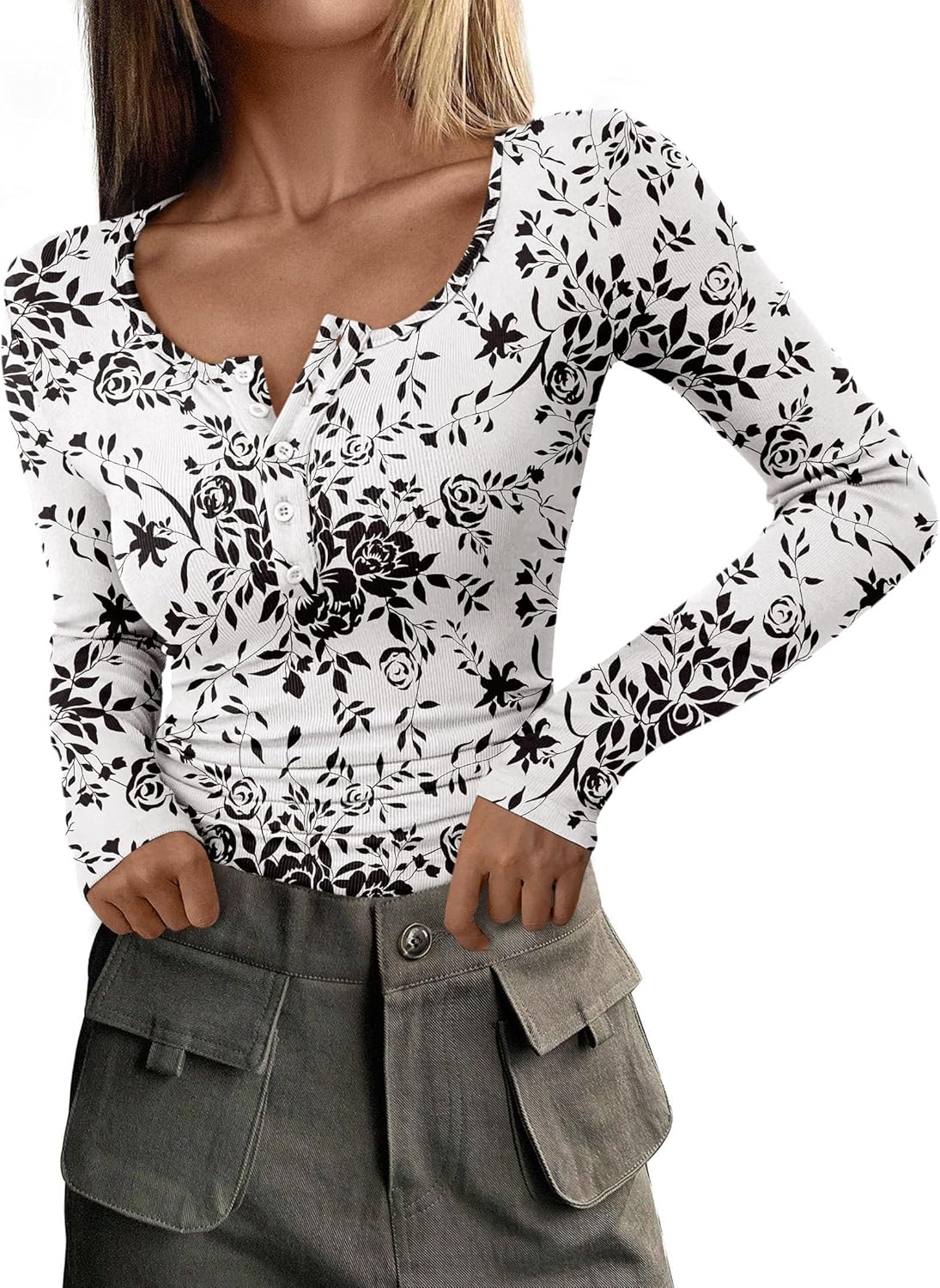 Ribbed Henley Long Sleeve Top