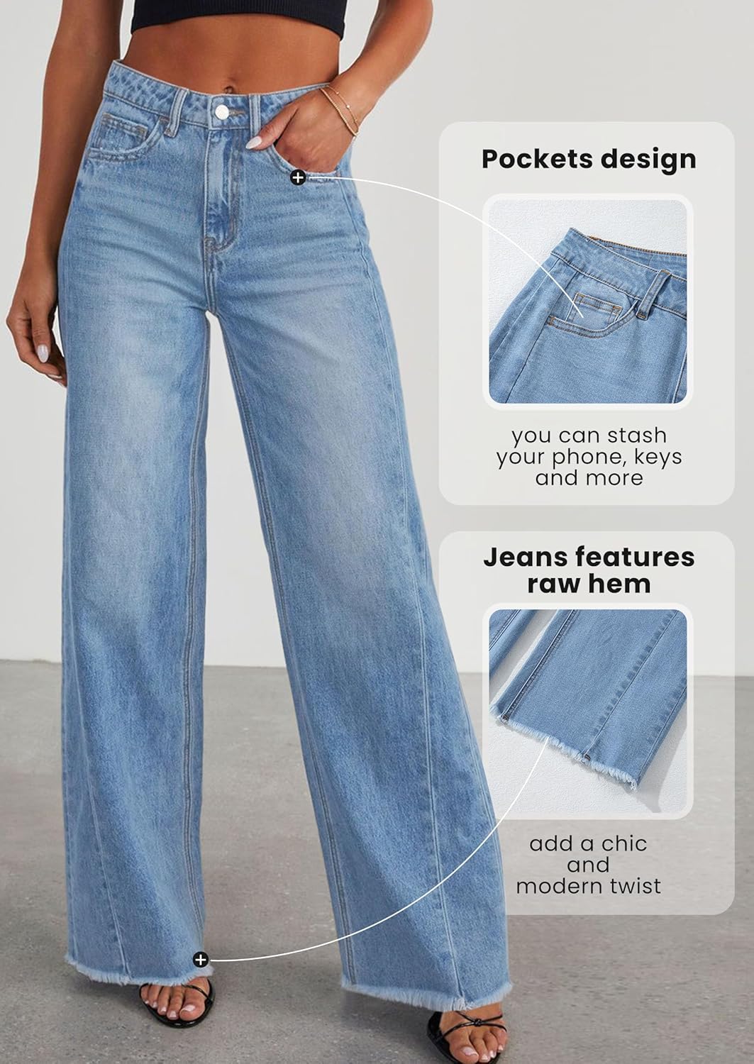 PRETTYGARDEN Wide Leg Jeans for Women Trendy 2025 High Waisted Stretchy Baggy Raw Hem Denim Palazzo Pants with Pockets