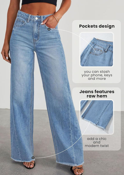 PRETTYGARDEN Wide Leg Jeans for Women Trendy 2025 High Waisted Stretchy Baggy Raw Hem Denim Palazzo Pants with Pockets