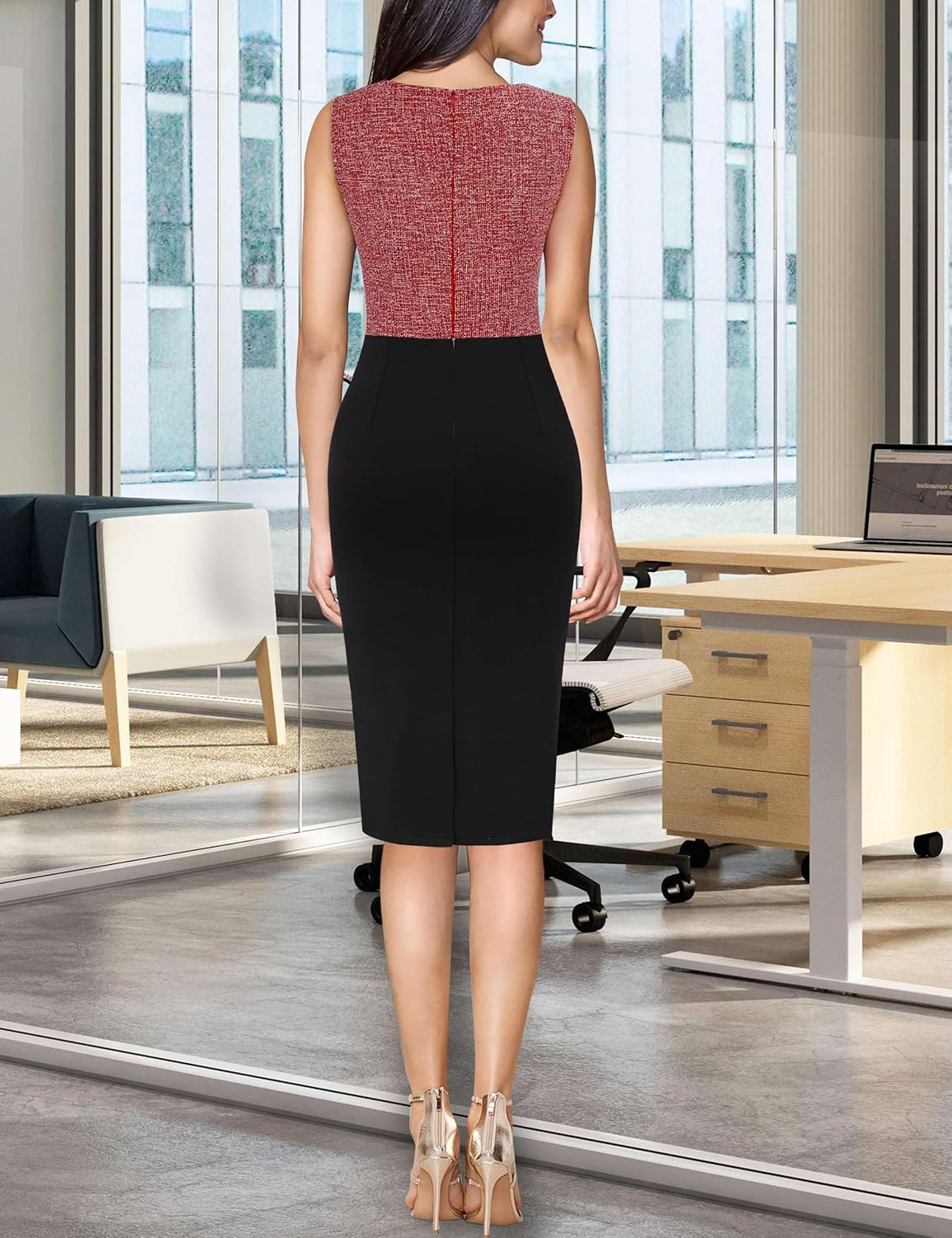 VFSHOW Womens Colorblock Patchwork Slim Front Zipper Work Business Office Party Bodycon Pencil Sheath Dress