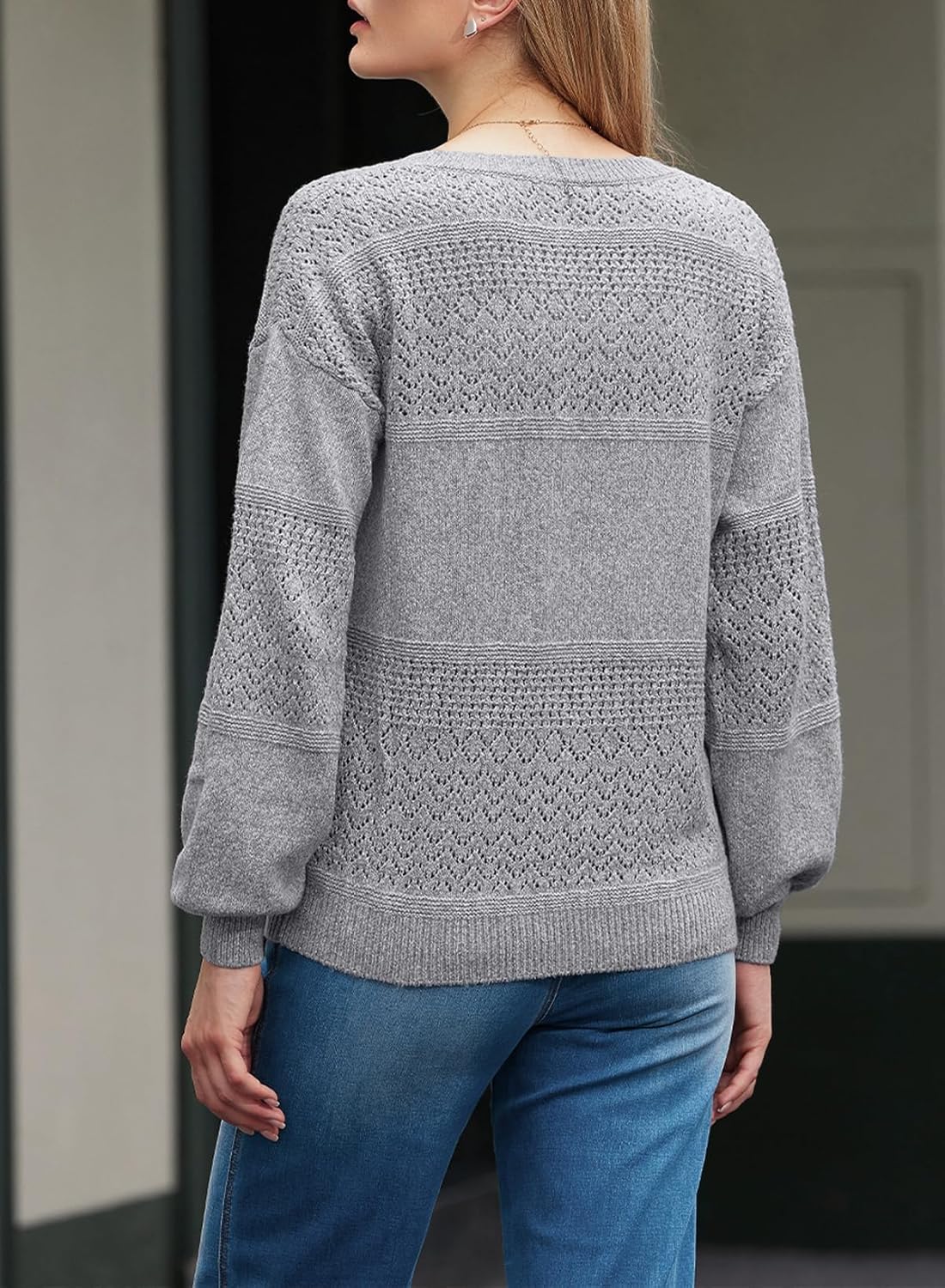 Womens Sweaters Causal Long Sleeve V Neck Lightweight Corchet Pullover Sweater Tops