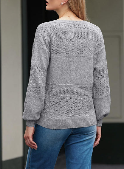 Womens Sweaters Causal Long Sleeve V Neck Lightweight Corchet Pullover Sweater Tops