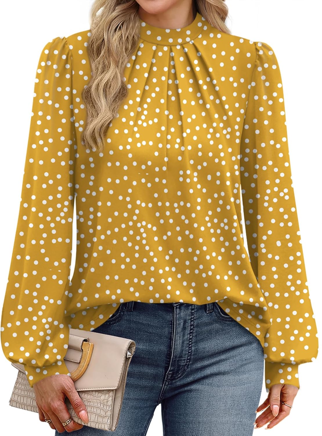 WIHOLL Long Sleeve Shirts for Women Mock Neck Tops Pleated Front Blouses Dressy Casual Fall Clothes 2025 Fashion