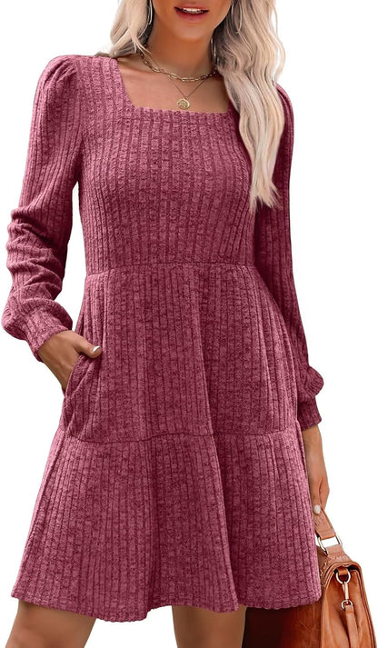 SAMPEEL Fall Dresses for Women 2025 Clothing Trendy Square Neck Long Sleeve A Line Sweater Dress with Pocket