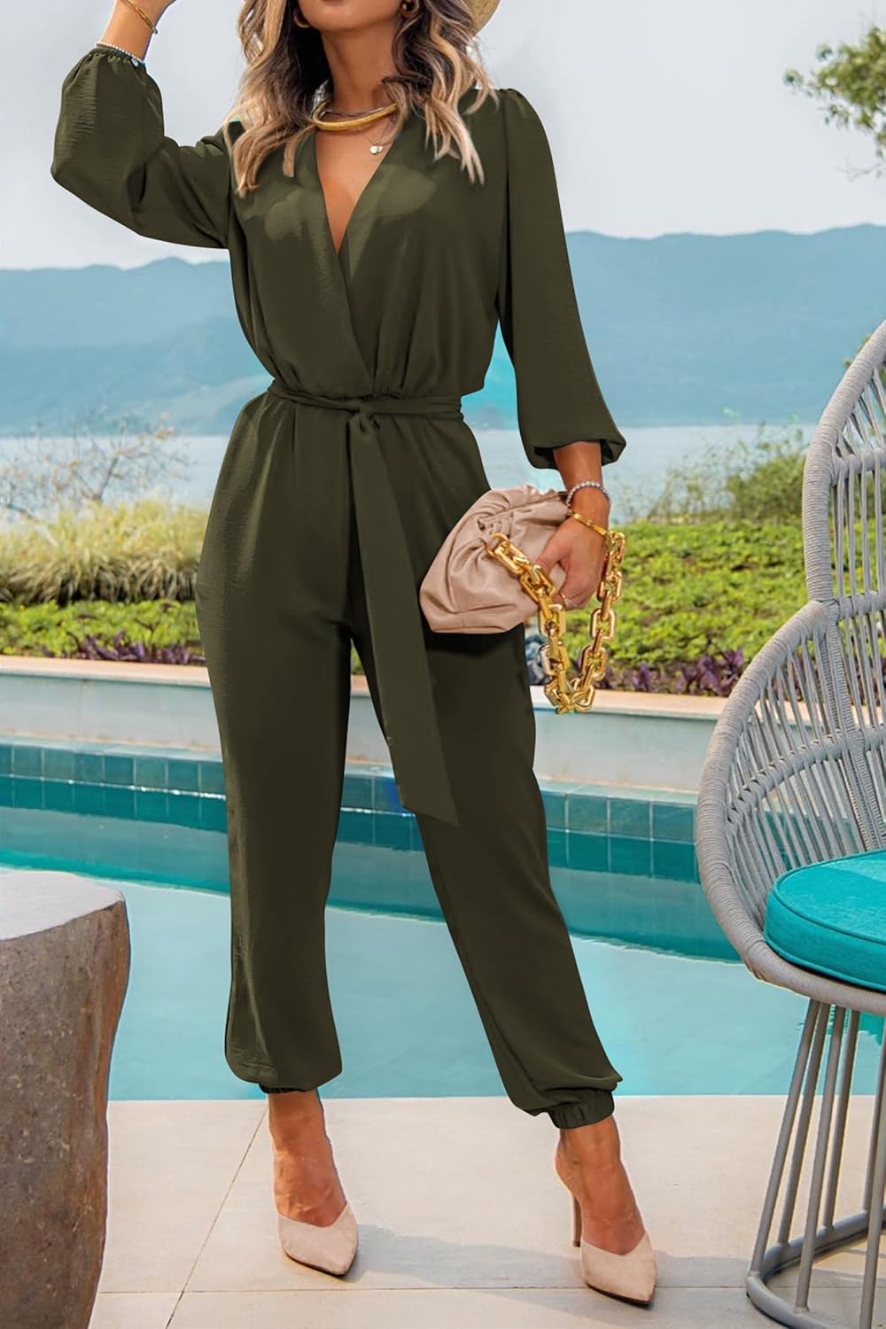 PRETTYGARDEN Women's Fall Jumpsuits Dressy Casual Pants Romper Spring Long Sleeve V Neck Belt Pockets One Piece Outfits