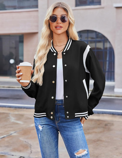 Zeagoo Bomber Jacket Women Varsity Casual Button Down Lightweight 2025 Fall Fashion Short School Outfits with Pockets