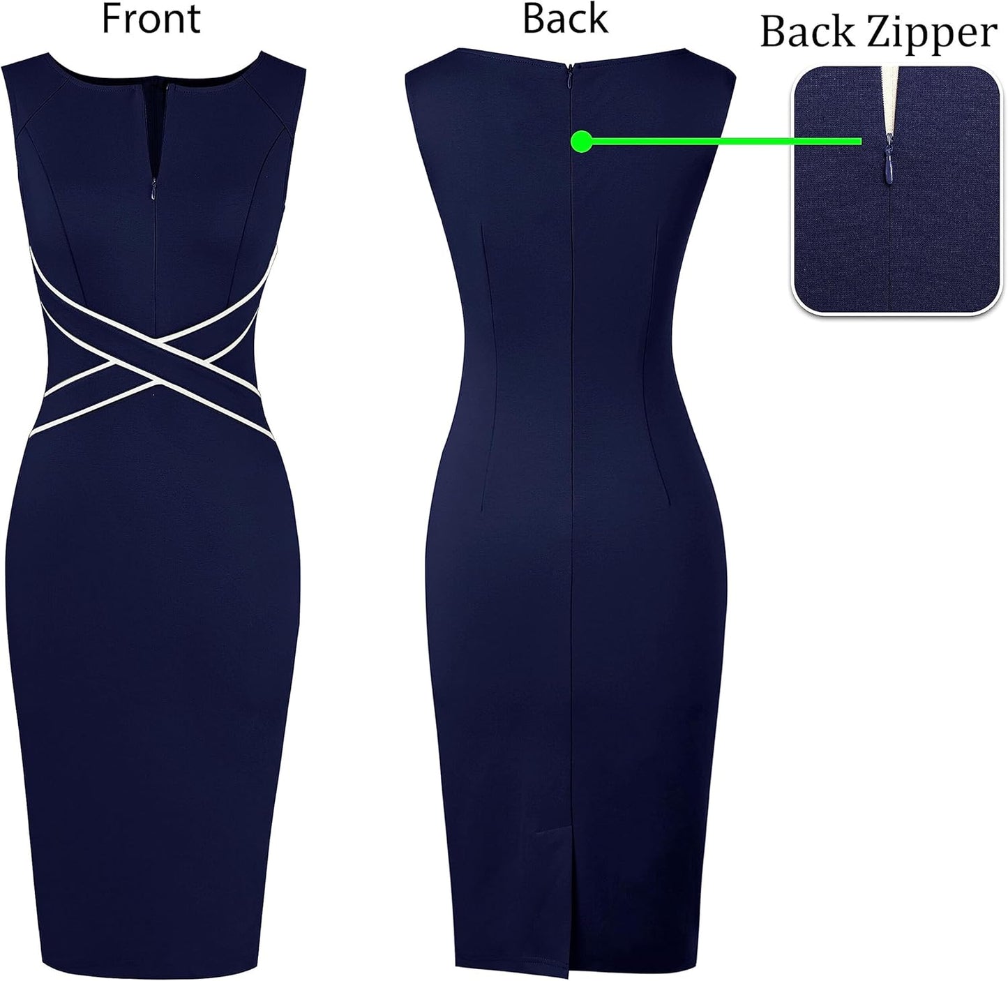VFSHOW Womens Colorblock Patchwork Slim Front Zipper Work Business Office Party Bodycon Pencil Sheath Dress