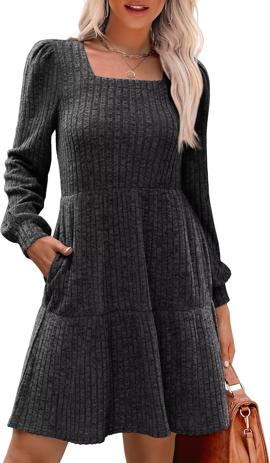 SAMPEEL Fall Dresses for Women 2025 Clothing Trendy Square Neck Long Sleeve A Line Sweater Dress with Pocket