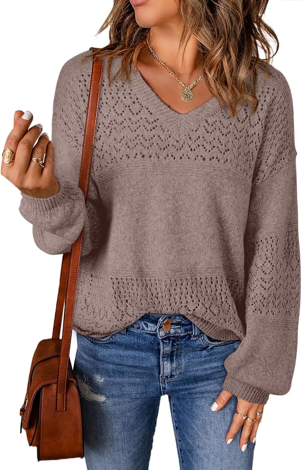 Womens Sweaters Causal Long Sleeve V Neck Lightweight Corchet Pullover Sweater Tops