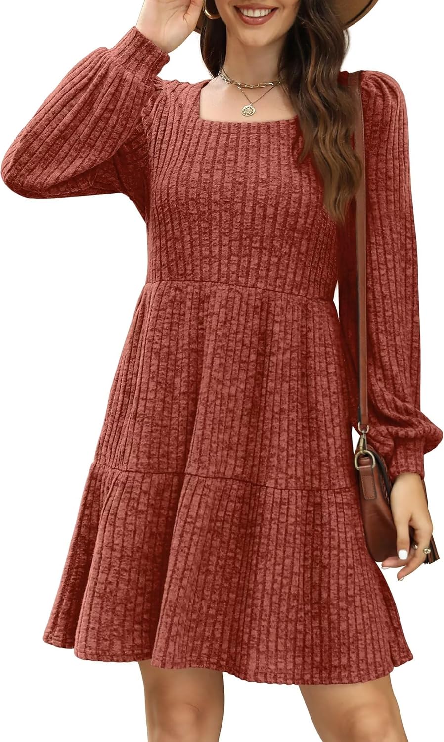 SAMPEEL Fall Dresses for Women 2025 Clothing Trendy Square Neck Long Sleeve A Line Sweater Dress with Pocket