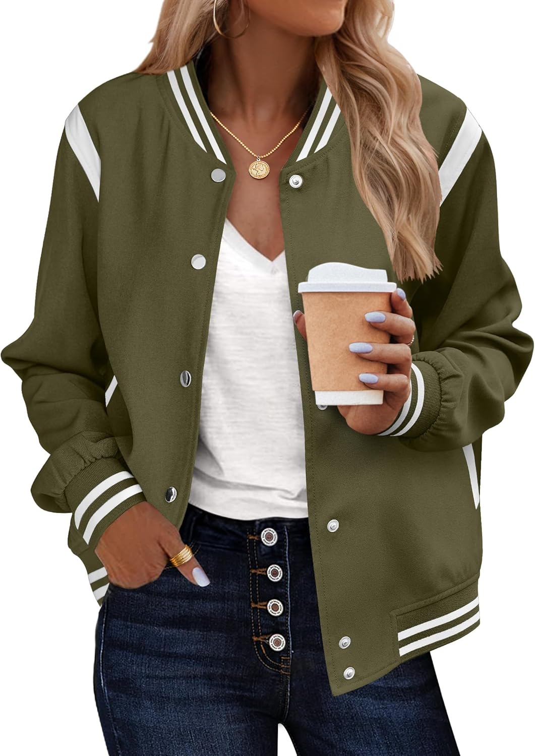 Zeagoo Bomber Jacket Women Varsity Casual Button Down Lightweight 2025 Fall Fashion Short School Outfits with Pockets