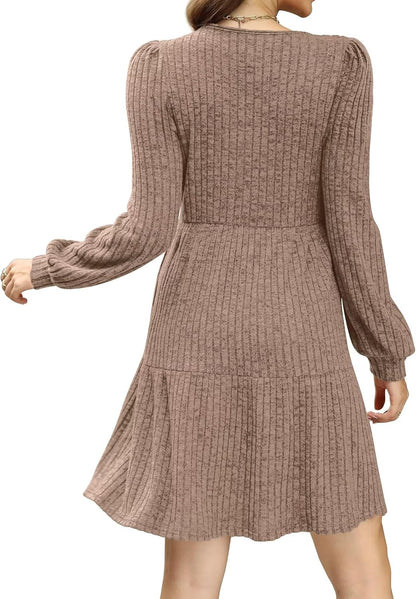 SAMPEEL Fall Dresses for Women 2025 Clothing Trendy Square Neck Long Sleeve A Line Sweater Dress with Pocket