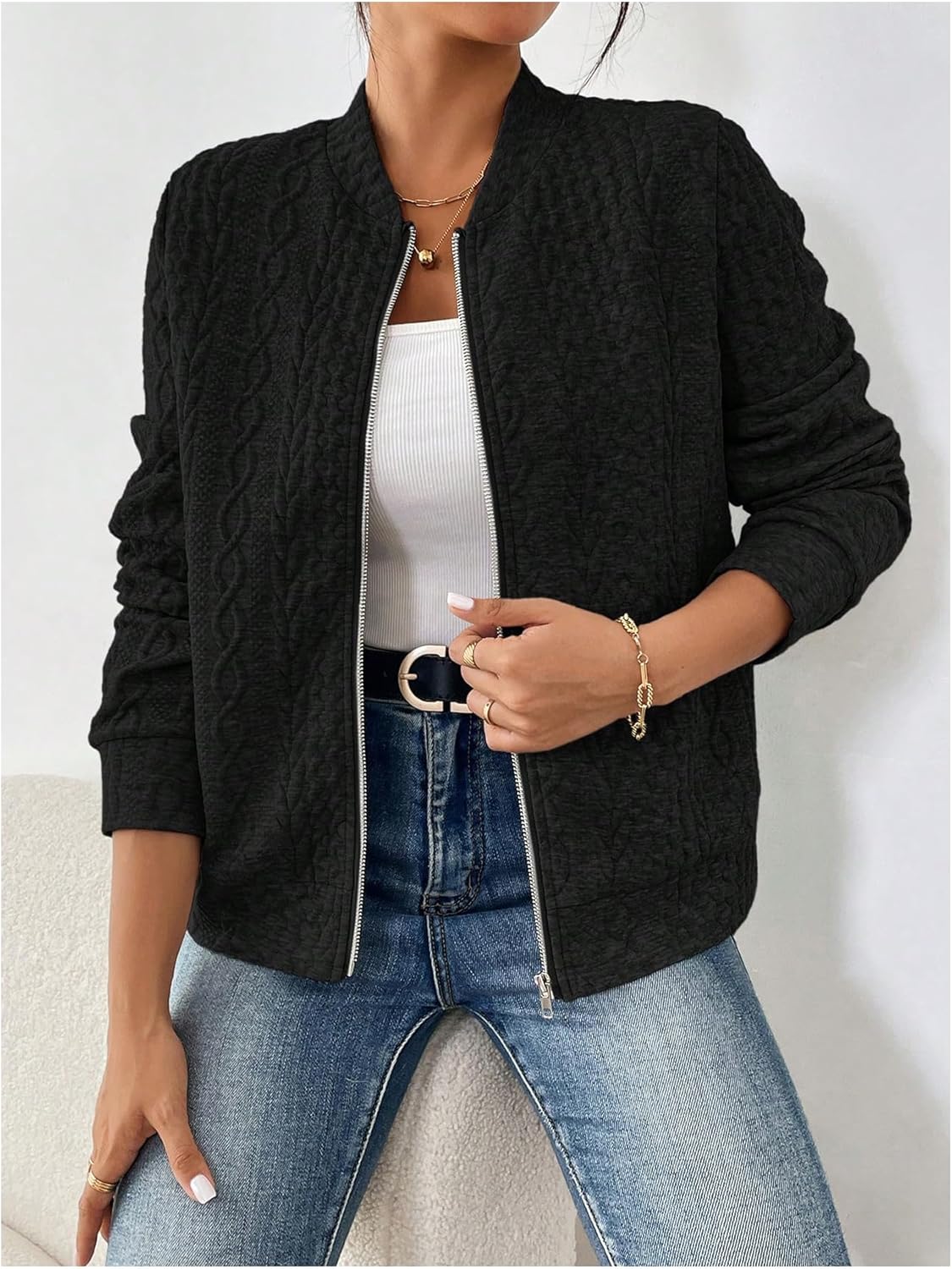 Verdusa Women's Zip Up Textured Lightweight Bomber Jacket Casual Long Sleeve Outerwear