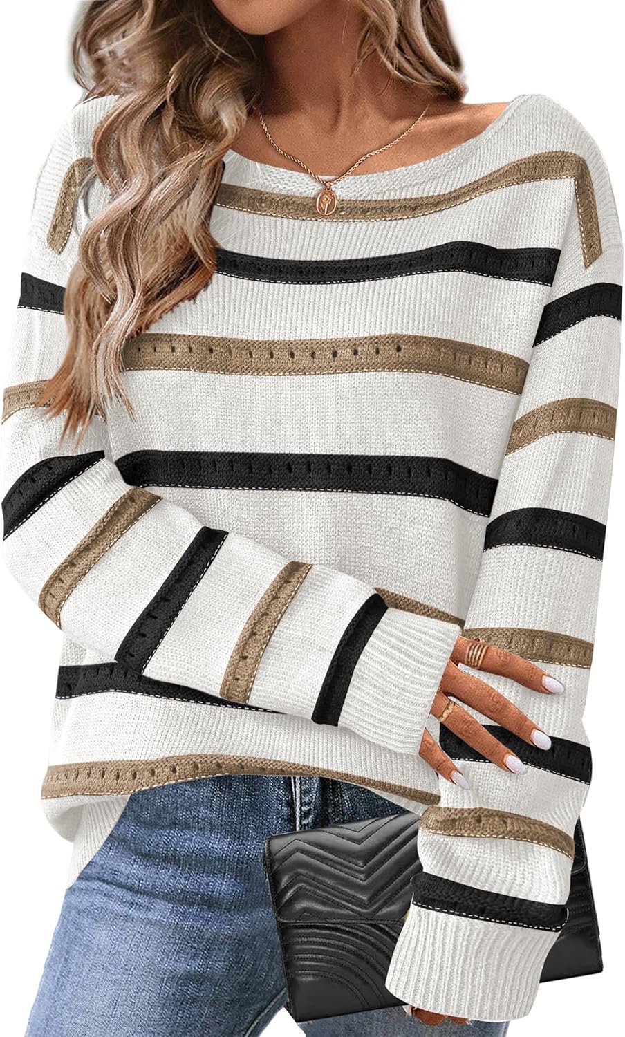Zeagoo Womens Sweaters Cute Long Sleeve Off The Shoulder Pullover Tops Hollow Out Crochet Dressy Casual Outfits