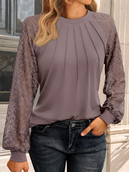 AUTOMET Womens Long Sleeve Shirts Pleated Lace Tops Fall Fashion Outfits Business Casual Blouses