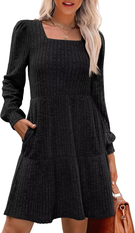 SAMPEEL Fall Dresses for Women 2025 Clothing Trendy Square Neck Long Sleeve A Line Sweater Dress with Pocket