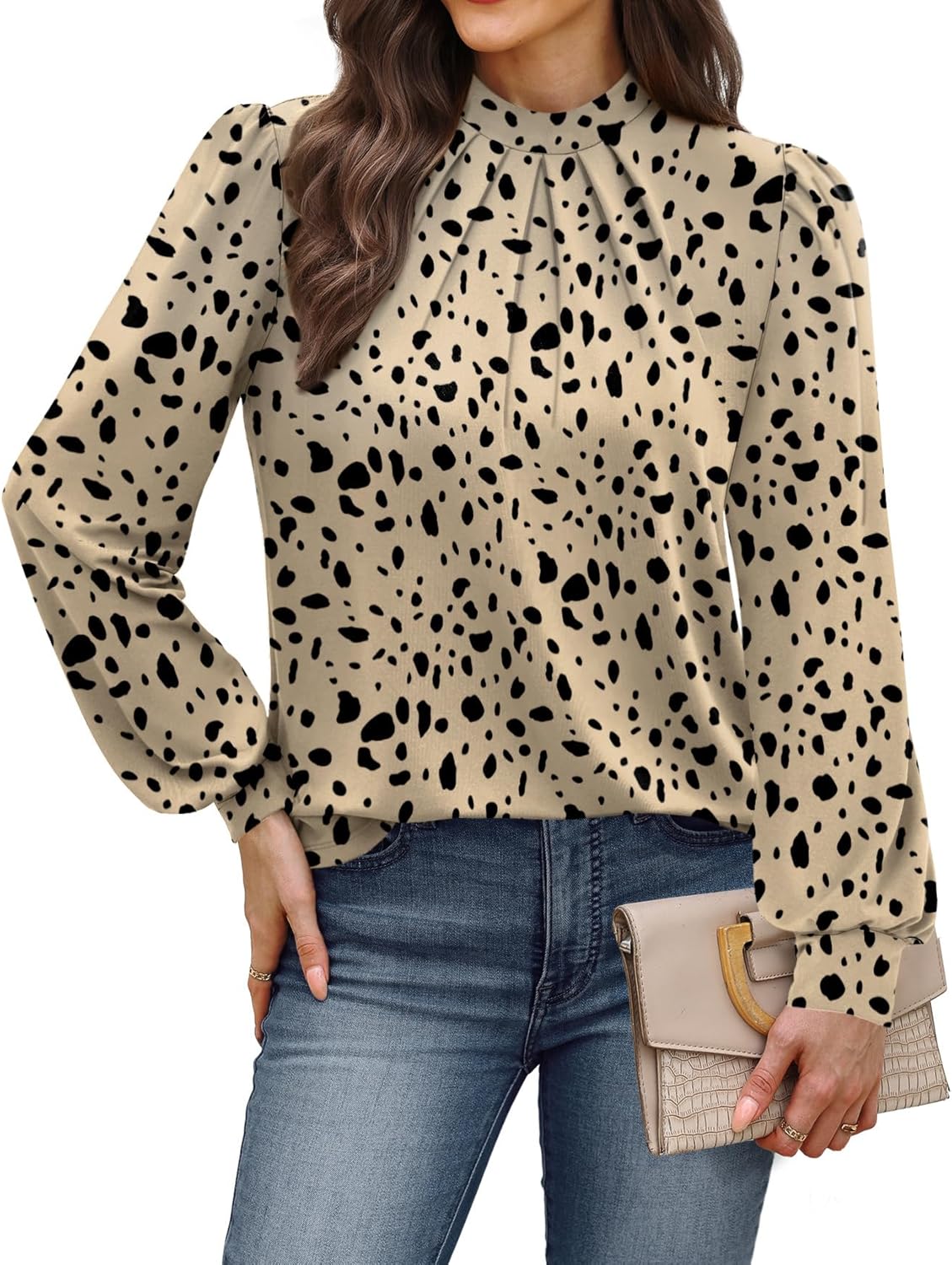 WIHOLL Long Sleeve Shirts for Women Mock Neck Tops Pleated Front Blouses Dressy Casual Fall Clothes 2025 Fashion