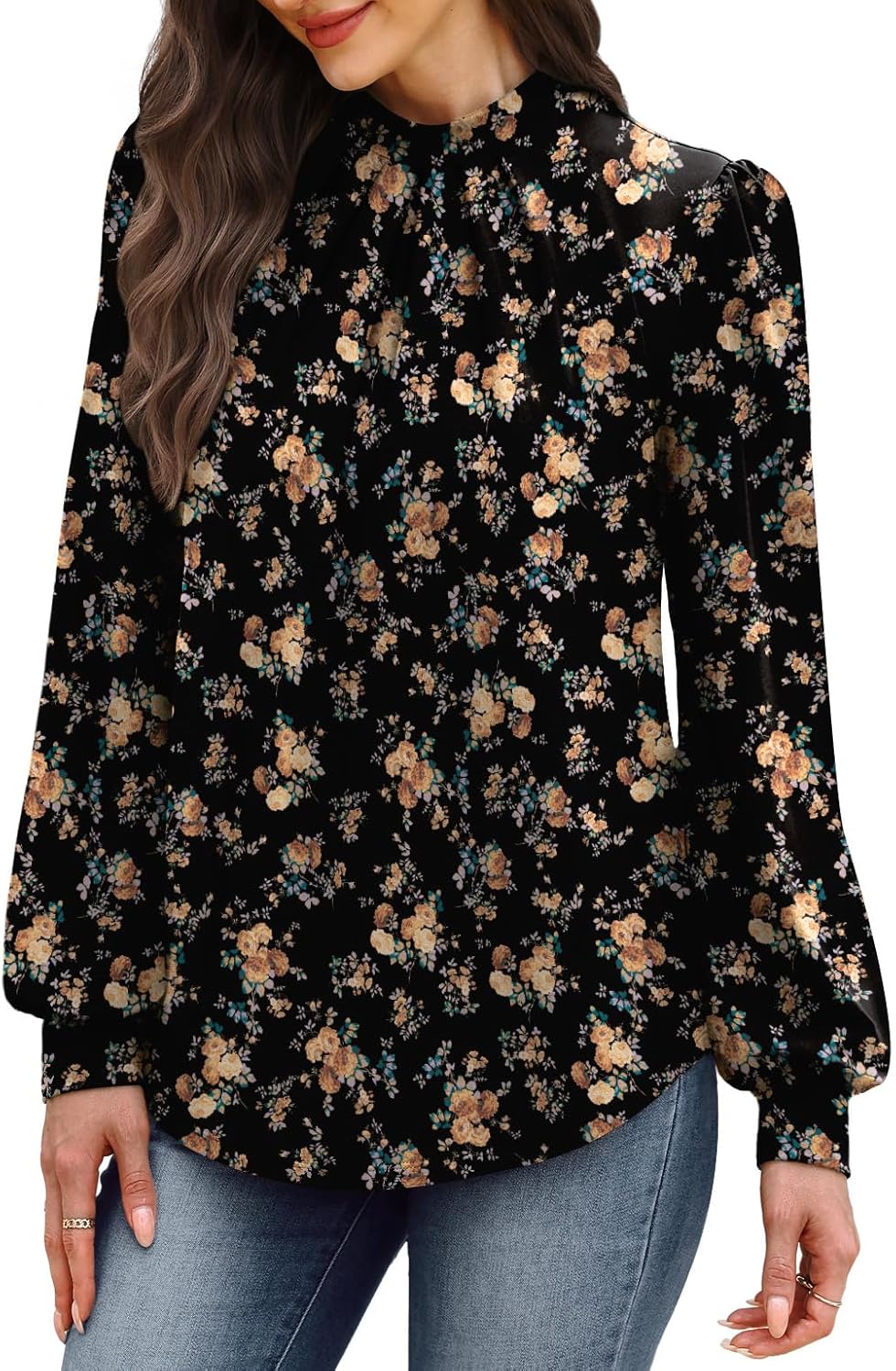WIHOLL Long Sleeve Shirts for Women Mock Neck Tops Pleated Front Blouses Dressy Casual Fall Clothes 2025 Fashion