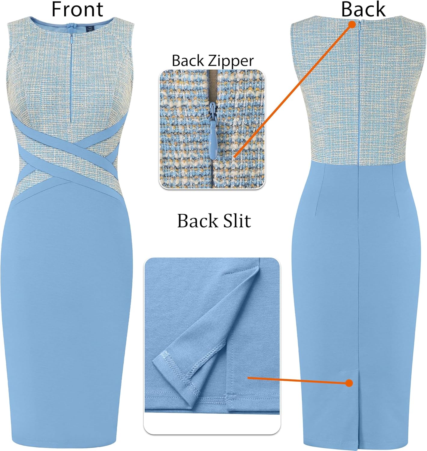 VFSHOW Womens Colorblock Patchwork Slim Front Zipper Work Business Office Party Bodycon Pencil Sheath Dress