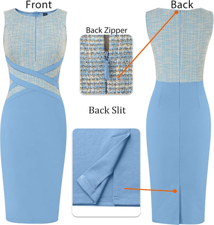 VFSHOW Womens Colorblock Patchwork Slim Front Zipper Work Business Office Party Bodycon Pencil Sheath Dress