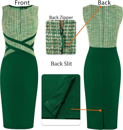 VFSHOW Womens Colorblock Patchwork Slim Front Zipper Work Business Office Party Bodycon Pencil Sheath Dress