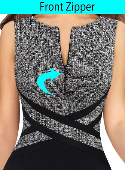 VFSHOW Womens Colorblock Patchwork Slim Front Zipper Work Business Office Party Bodycon Pencil Sheath Dress