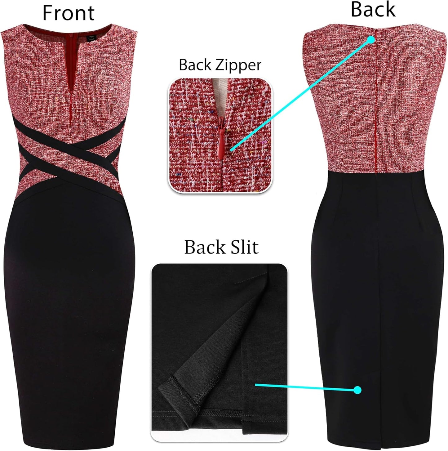 VFSHOW Womens Colorblock Patchwork Slim Front Zipper Work Business Office Party Bodycon Pencil Sheath Dress