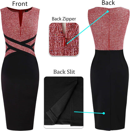 VFSHOW Womens Colorblock Patchwork Slim Front Zipper Work Business Office Party Bodycon Pencil Sheath Dress
