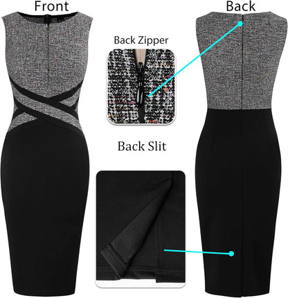 VFSHOW Womens Colorblock Patchwork Slim Front Zipper Work Business Office Party Bodycon Pencil Sheath Dress