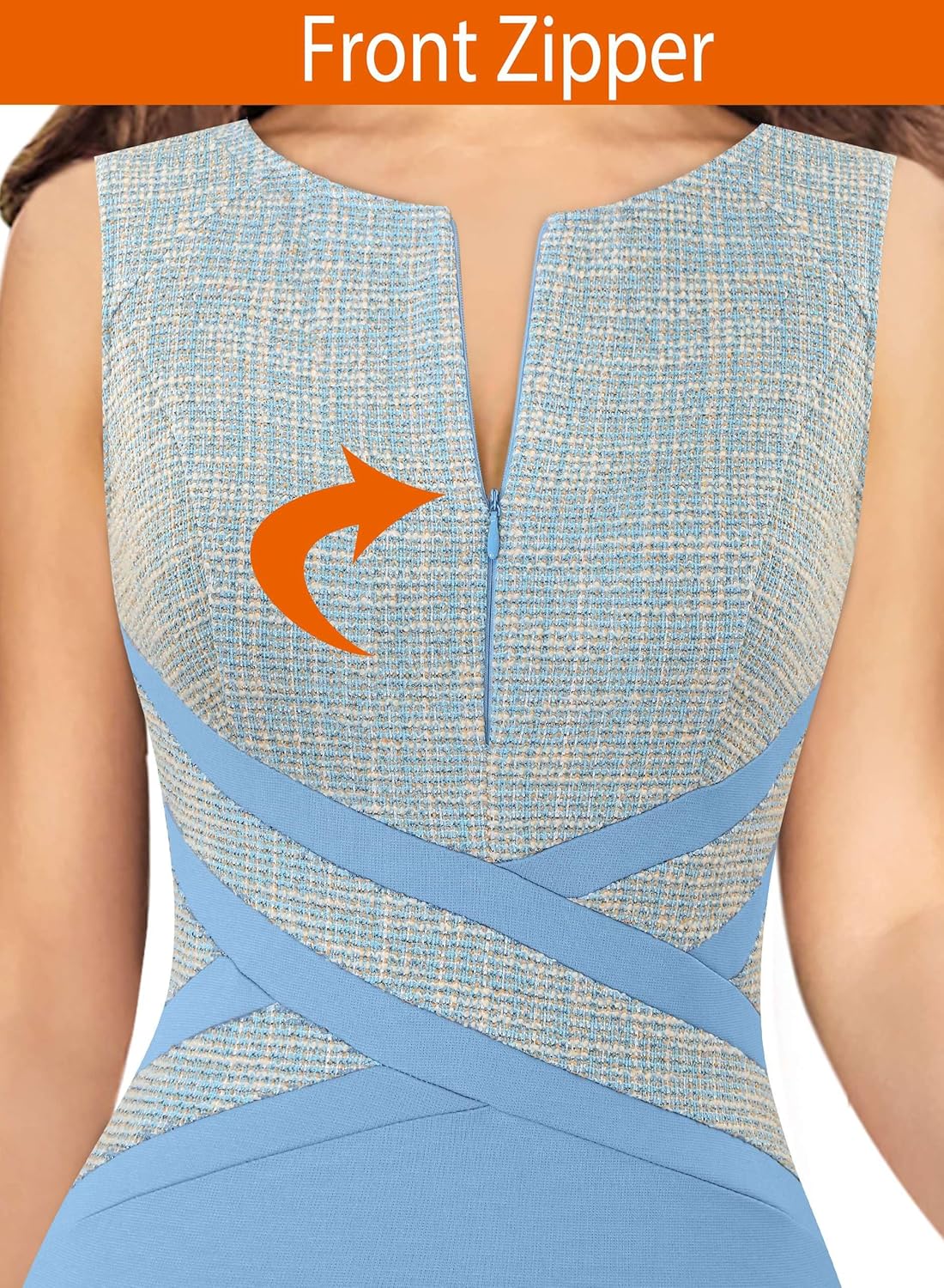 VFSHOW Womens Colorblock Patchwork Slim Front Zipper Work Business Office Party Bodycon Pencil Sheath Dress