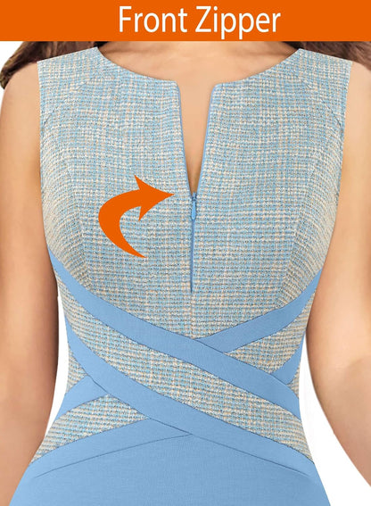 VFSHOW Womens Colorblock Patchwork Slim Front Zipper Work Business Office Party Bodycon Pencil Sheath Dress
