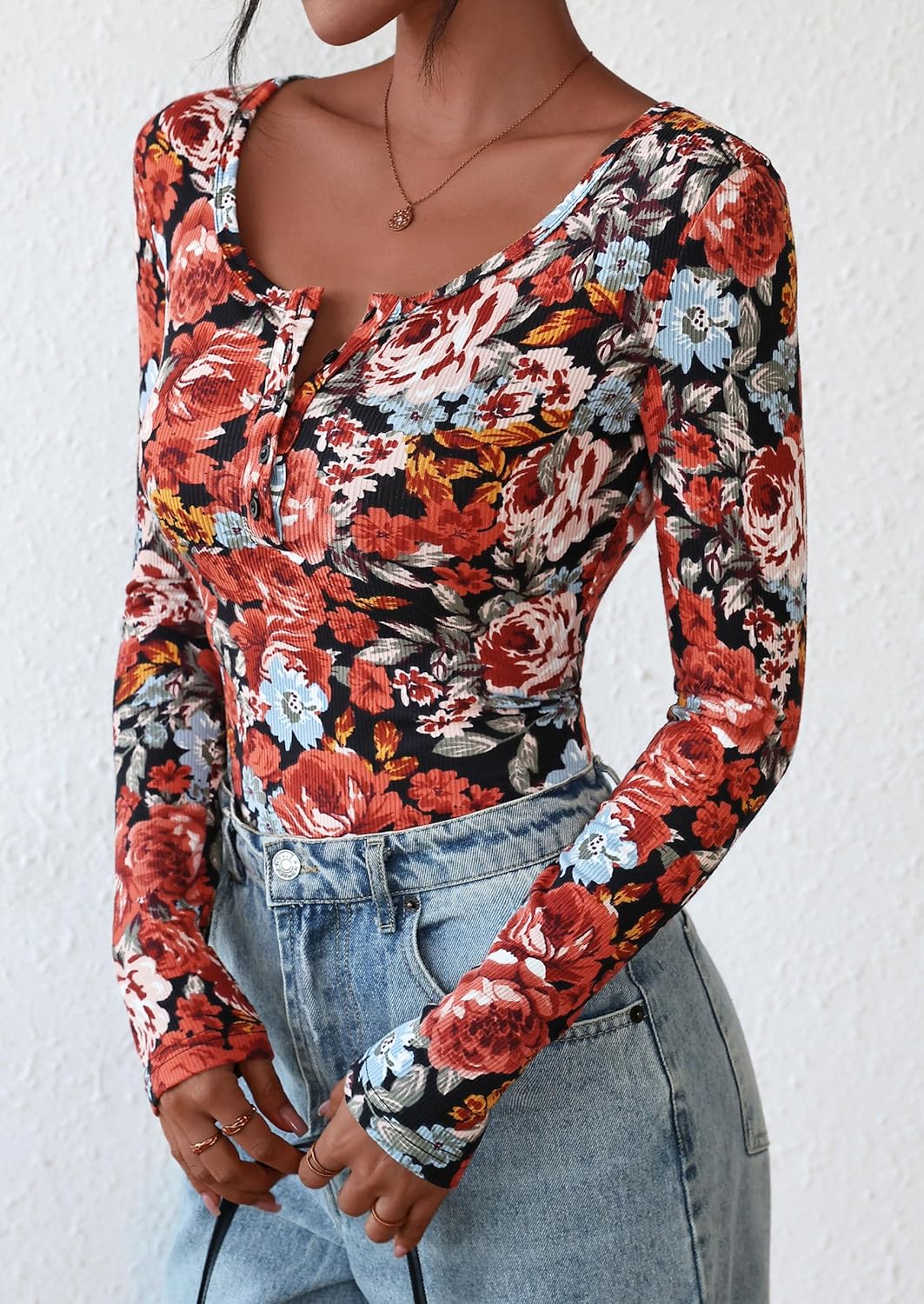 Ribbed Henley Long Sleeve Top