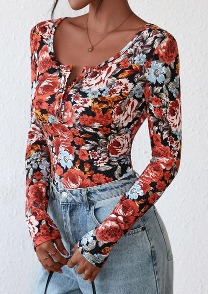 Ribbed Henley Long Sleeve Top