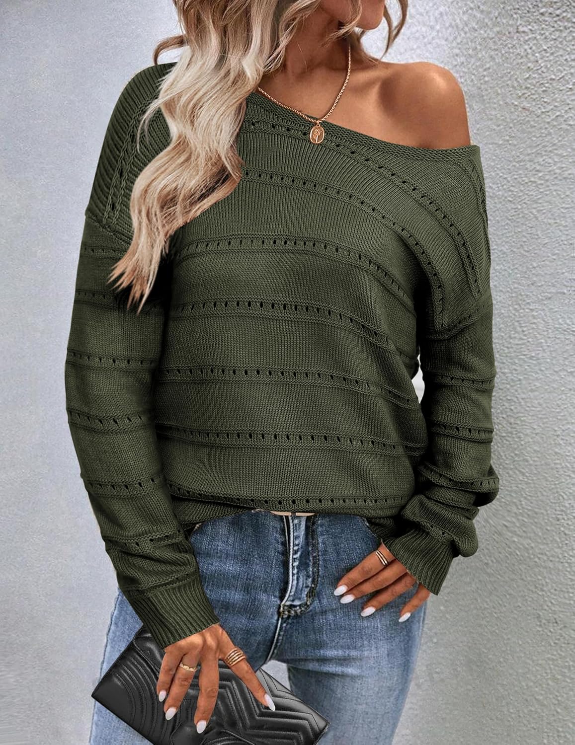 Zeagoo Womens Sweaters Cute Long Sleeve Off The Shoulder Pullover Tops Hollow Out Crochet Dressy Casual Outfits