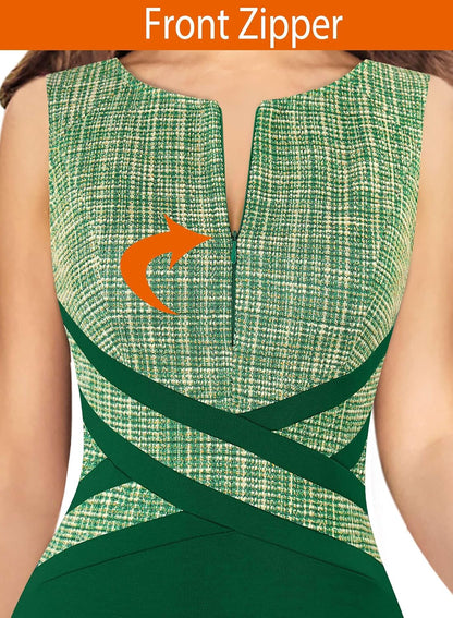 VFSHOW Womens Colorblock Patchwork Slim Front Zipper Work Business Office Party Bodycon Pencil Sheath Dress