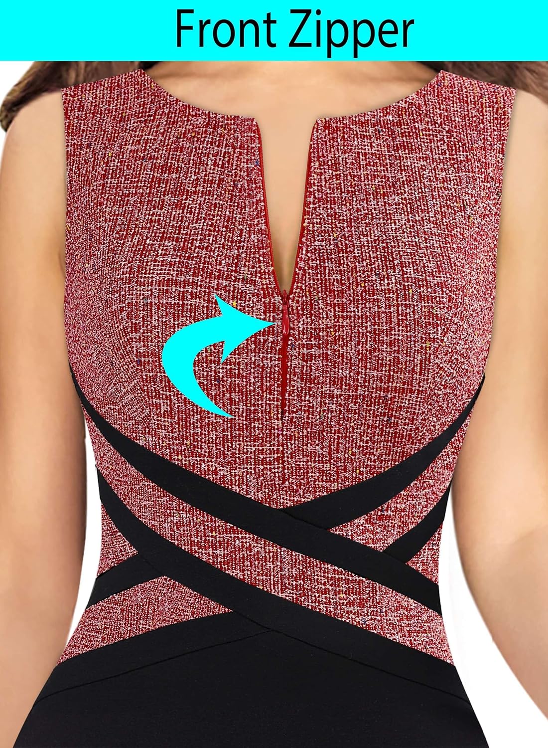 VFSHOW Womens Colorblock Patchwork Slim Front Zipper Work Business Office Party Bodycon Pencil Sheath Dress