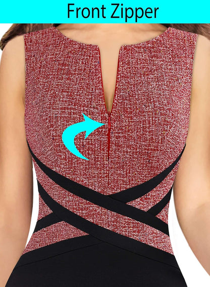 VFSHOW Womens Colorblock Patchwork Slim Front Zipper Work Business Office Party Bodycon Pencil Sheath Dress