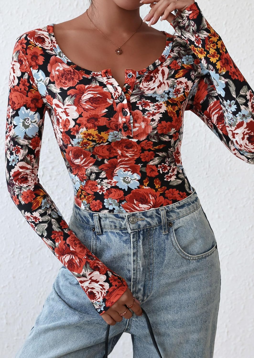 Ribbed Henley Long Sleeve Top