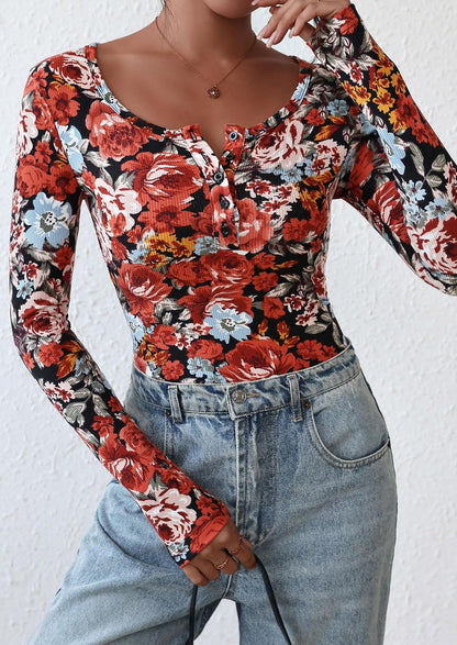 Ribbed Henley Long Sleeve Top